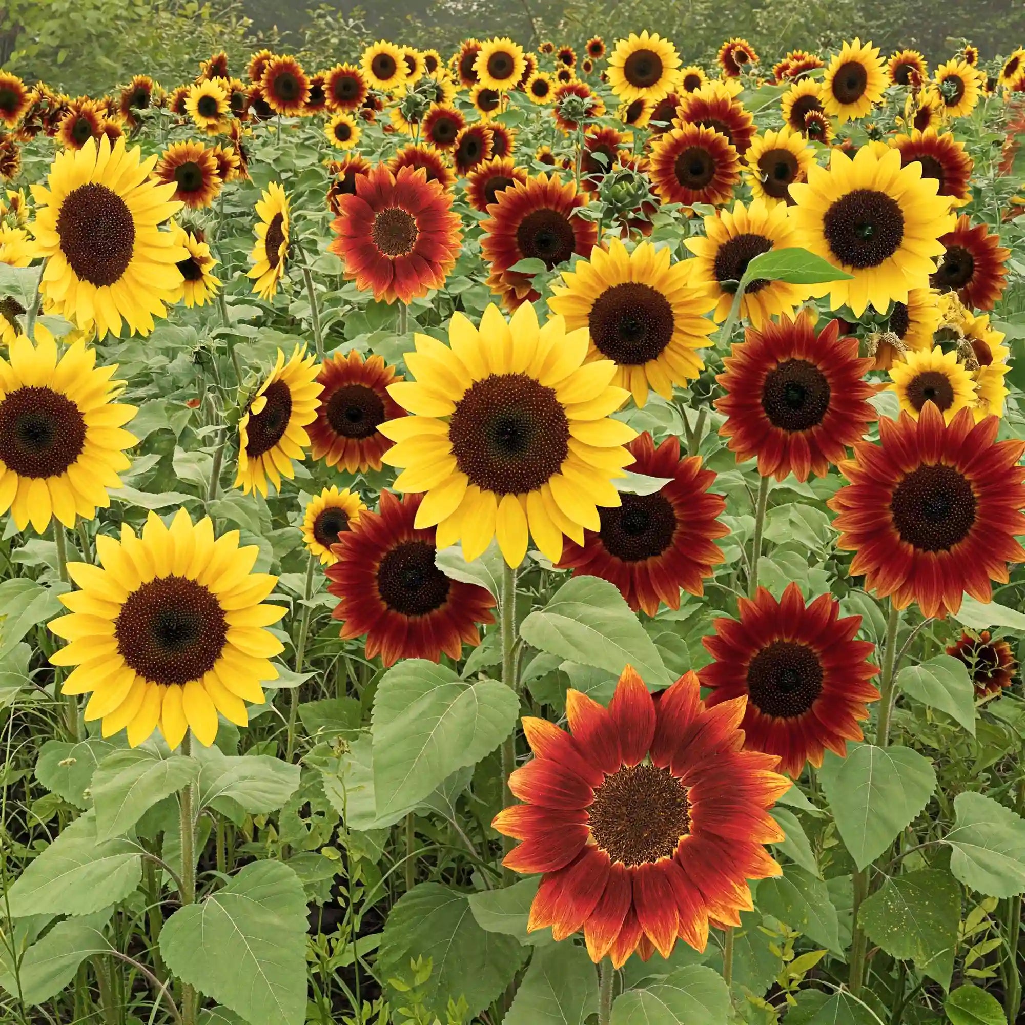 A field of sunflowers displaying a mix of red, yellow, and burgundy colors.